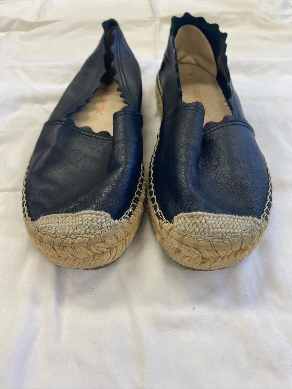 Scalloped Black Leather Espadrille